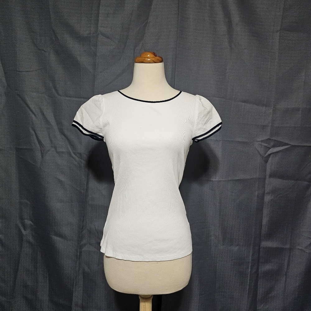 Ralph Lauren Ribbed Knit Tee White Navy Trim M